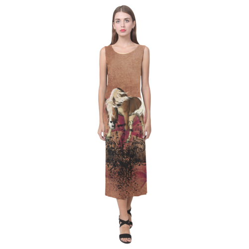 Amazing horse with flowers Phaedra Sleeveless Open Fork Long Dress (Model D08)