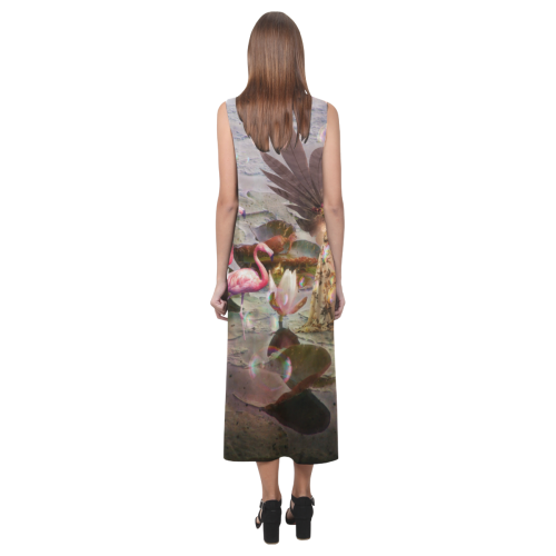 Winged Fairy with Flamingos Phaedra Sleeveless Open Fork Long Dress (Model D08)