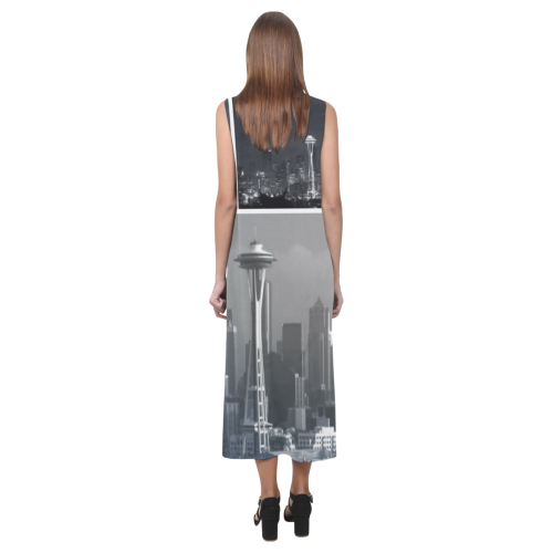 Grey Seattle Space Needle Collage Phaedra Sleeveless Open Fork Long Dress (Model D08)