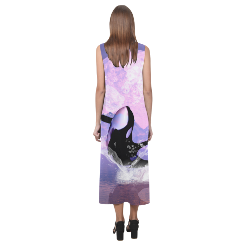 Awesome orca jumping by a heart Phaedra Sleeveless Open Fork Long Dress (Model D08)