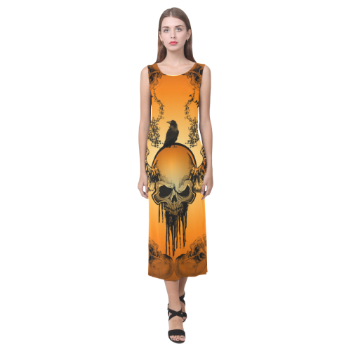Amazing skull with crow Phaedra Sleeveless Open Fork Long Dress (Model D08)