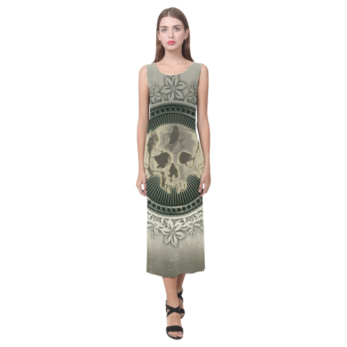 Skull with wings and roses on vintage background Phaedra Sleeveless Open Fork Long Dress (Model D08)
