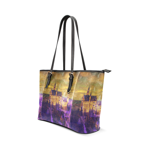 Yellow Purple Neuschwanstein Castle Leather Tote Bag/Large (Model 1640)