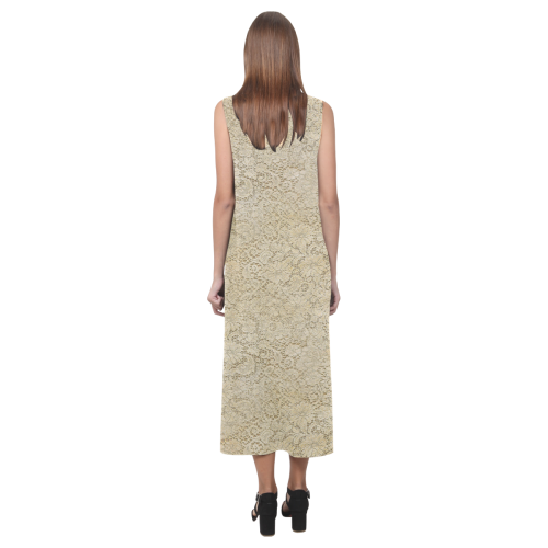 Old CROCHET / LACE FLORAL pattern - beige Phaedra Sleeveless Open Fork Long Dress (Model D08)