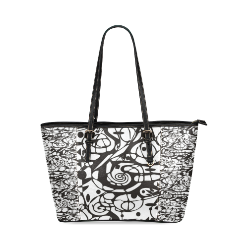 Crazy Spiral Shapes Pattern - Black White Leather Tote Bag/Small (Model 1640)