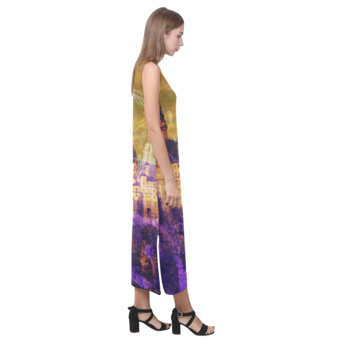 Yellow Purple Neuschwanstein Castle Phaedra Sleeveless Open Fork Long Dress (Model D08)