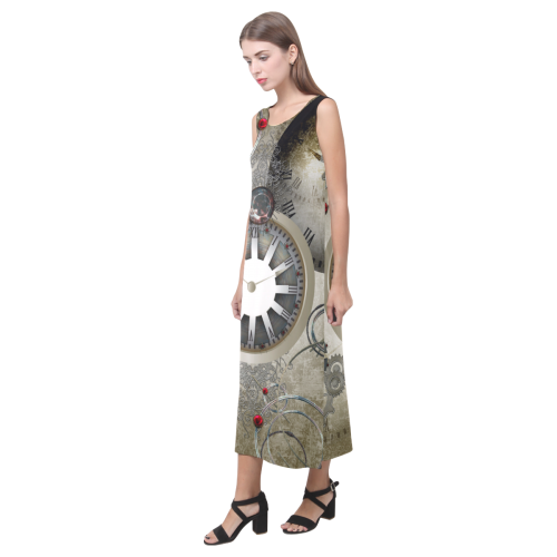 Steampunk, noble design, clocks and gears Phaedra Sleeveless Open Fork Long Dress (Model D08)