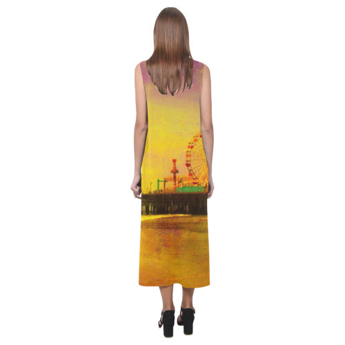 Yellow Purple Santa Monica Pier Phaedra Sleeveless Open Fork Long Dress (Model D08)