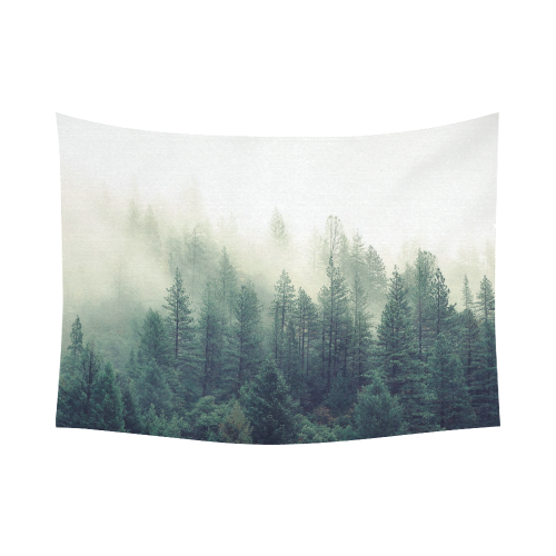 Calming Green Nature Forest Scene Misty Foggy Cotton Linen Wall Tapestry 80"x 60"
