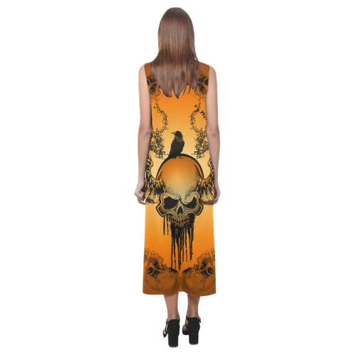 Amazing skull with crow Phaedra Sleeveless Open Fork Long Dress (Model D08)