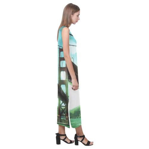 Green Bokeh Golden Gate Bridge Phaedra Sleeveless Open Fork Long Dress (Model D08)