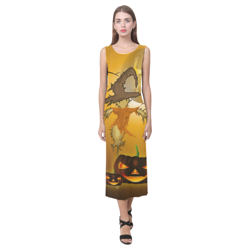 Funny scarecrow with punpkin Phaedra Sleeveless Open Fork Long Dress (Model D08)
