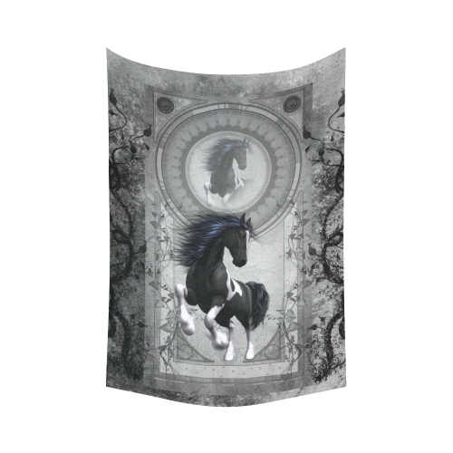 Awesome horse in black and white with flowers Cotton Linen Wall Tapestry 60"x 90"