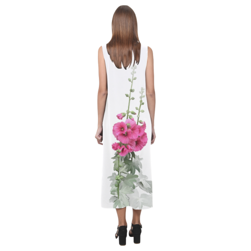 Pink Hollyhocks, watercolor Phaedra Sleeveless Open Fork Long Dress (Model D08)