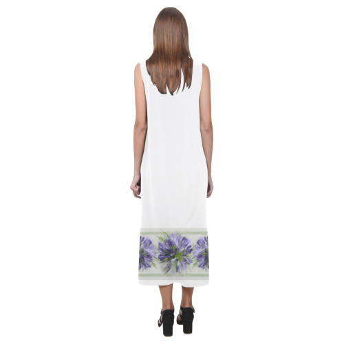 Purple Flowers, green lines Phaedra Sleeveless Open Fork Long Dress (Model D08)