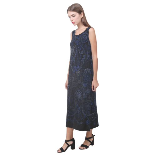 Ornamental blue on gray Phaedra Sleeveless Open Fork Long Dress (Model D08)