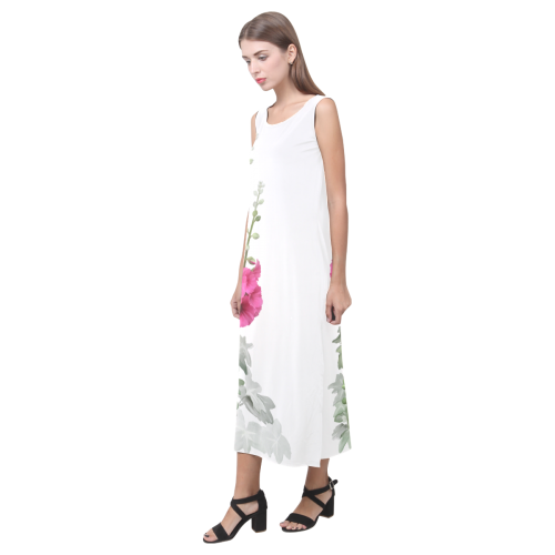 Pink Hollyhocks, watercolor Phaedra Sleeveless Open Fork Long Dress (Model D08)