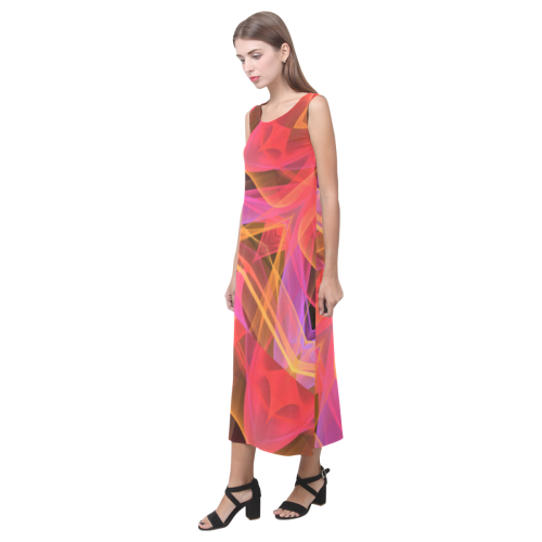 Abstract Peach Violet Mandala Ribbon Candy Lace Phaedra Sleeveless Open Fork Long Dress (Model D08)