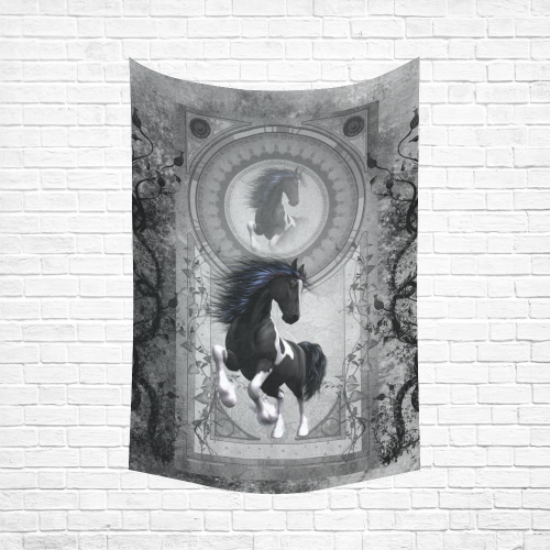 Awesome horse in black and white with flowers Cotton Linen Wall Tapestry 60"x 90"