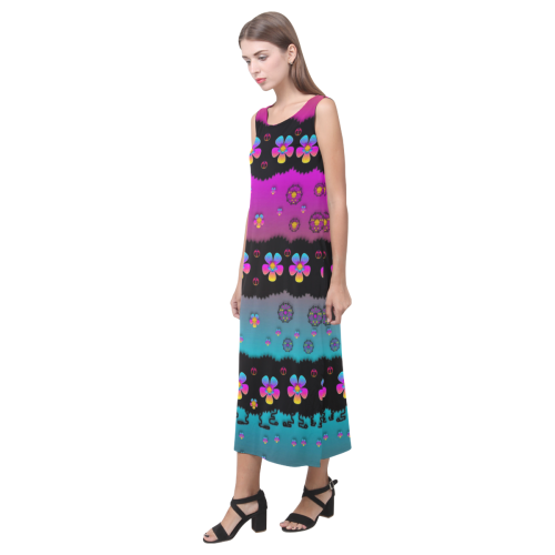 Rainbow  big flowers in peace for love and freedom Phaedra Sleeveless Open Fork Long Dress (Model D08)