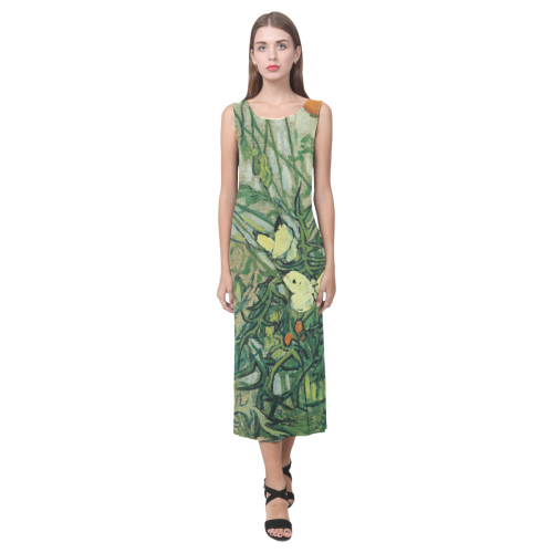 Van Gogh Poppies And Butterflies Phaedra Sleeveless Open Fork Long Dress (Model D08)