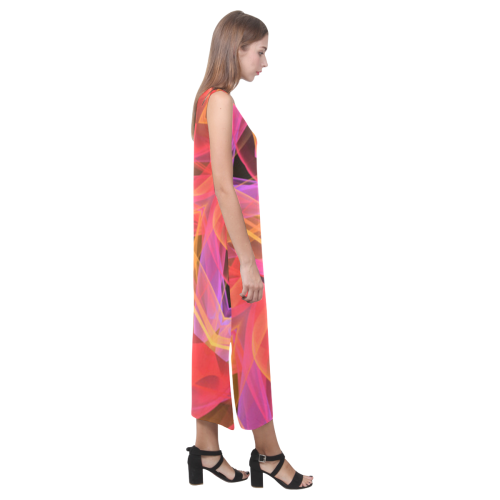 Abstract Peach Violet Mandala Ribbon Candy Lace Phaedra Sleeveless Open Fork Long Dress (Model D08)