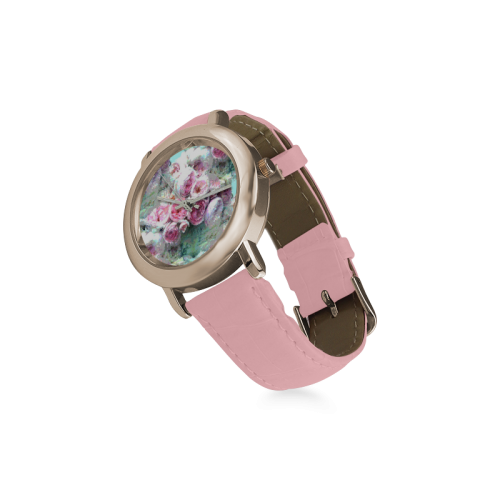 Pink Flowers Women's Rose Gold Leather Strap Watch(Model 201)