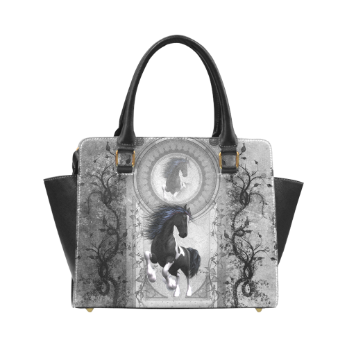 Awesome horse in black and white with flowers Rivet Shoulder Handbag (Model 1645)