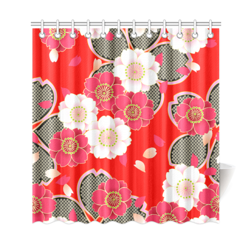 Red White Japanese Kimono Pattern Shower Curtain 69"x72"