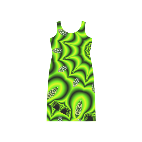 Spring Lime Green Garden Mandala, Abstract Spirals Phaedra Sleeveless Open Fork Long Dress (Model D08)