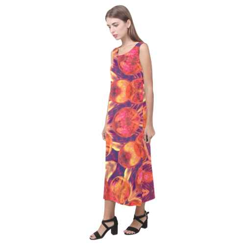 Sunburst, Abstract Peach Cream Orange Star Quilt Phaedra Sleeveless Open Fork Long Dress (Model D08)