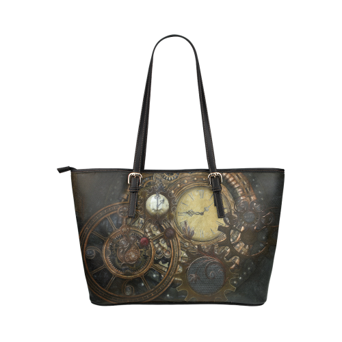 Painting Steampunk clocks and gears Leather Tote Bag/Large (Model 1651)