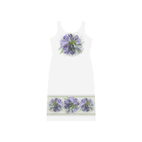 Purple Flowers, green lines Phaedra Sleeveless Open Fork Long Dress (Model D08)