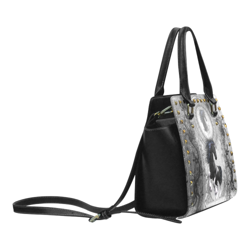Awesome horse in black and white with flowers Rivet Shoulder Handbag (Model 1645)