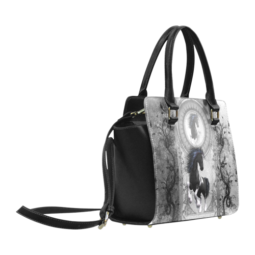 Awesome horse in black and white with flowers Classic Shoulder Handbag (Model 1653)