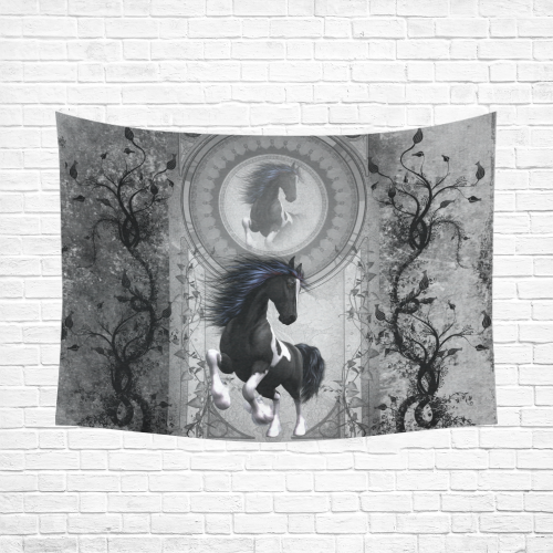 Awesome horse in black and white with flowers Cotton Linen Wall Tapestry 80"x 60"