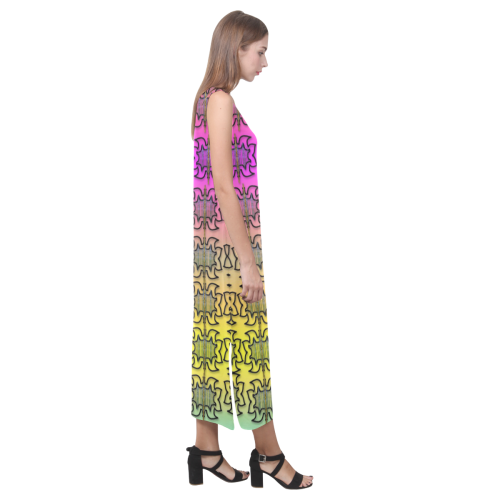 Butterflyes and decorative flowers reach the sky Phaedra Sleeveless Open Fork Long Dress (Model D08)