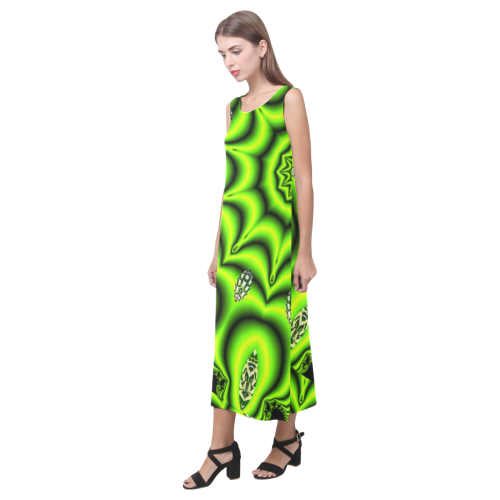 Spring Lime Green Garden Mandala, Abstract Spirals Phaedra Sleeveless Open Fork Long Dress (Model D08)