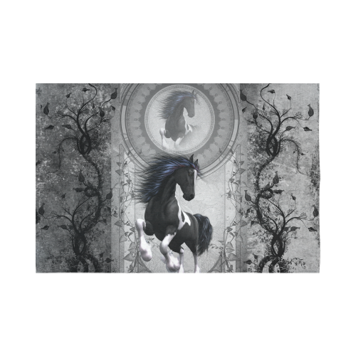 Awesome horse in black and white with flowers Cotton Linen Wall Tapestry 90"x 60"