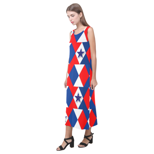 Patriotic Triangles And Stars Phaedra Sleeveless Open Fork Long Dress (Model D08)