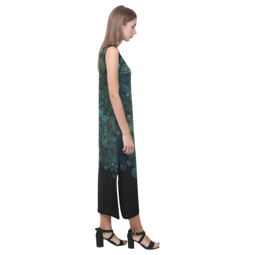 Turquoise Psychedelic Rose Phaedra Sleeveless Open Fork Long Dress (Model D08)