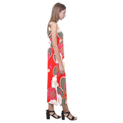 Red White Japanese Kimono Pattern Phaedra Sleeveless Open Fork Long Dress (Model D08)