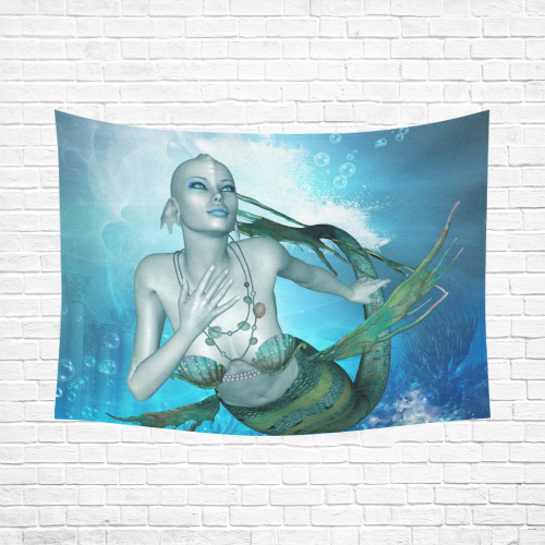 Wonderful mermaid in blue colors Cotton Linen Wall Tapestry 80"x 60"