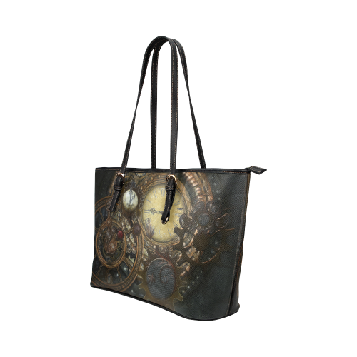 Painting Steampunk clocks and gears Leather Tote Bag/Large (Model 1651)