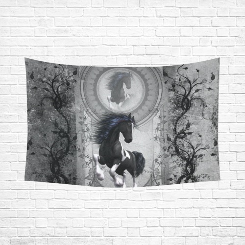 Awesome horse in black and white with flowers Cotton Linen Wall Tapestry 90"x 60"