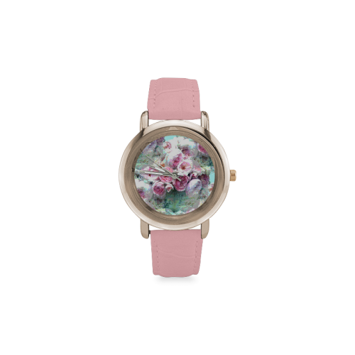 Pink Flowers Women's Rose Gold Leather Strap Watch(Model 201)