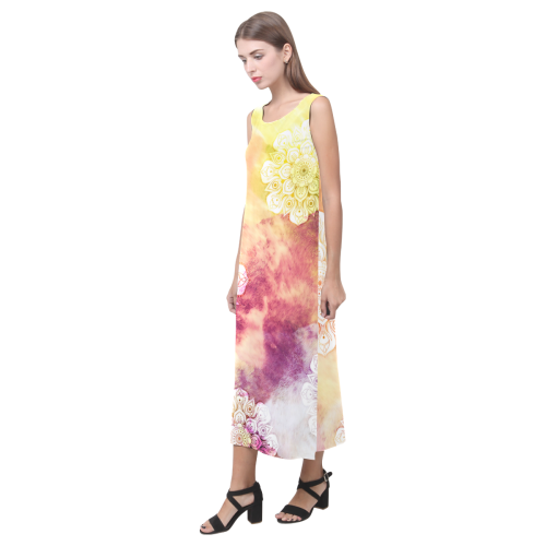 Watercolor LOTUS MANDALA Pattern - grunge style Phaedra Sleeveless Open Fork Long Dress (Model D08)