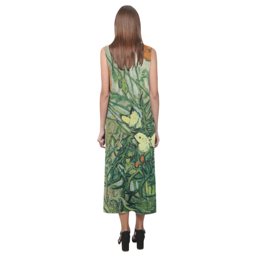 Van Gogh Poppies And Butterflies Phaedra Sleeveless Open Fork Long Dress (Model D08)