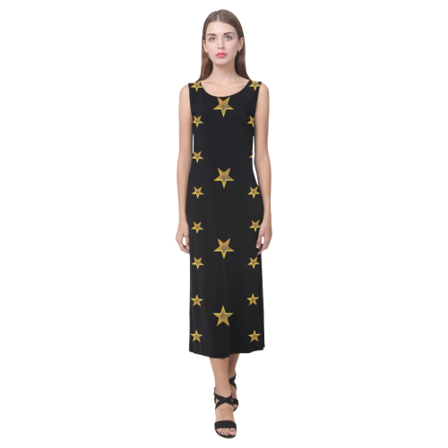 Twinkle Twinkle Little Star Gold Stars on Black Phaedra Sleeveless Open Fork Long Dress (Model D08)