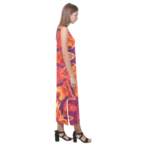 Sunburst, Abstract Peach Cream Orange Star Quilt Phaedra Sleeveless Open Fork Long Dress (Model D08)